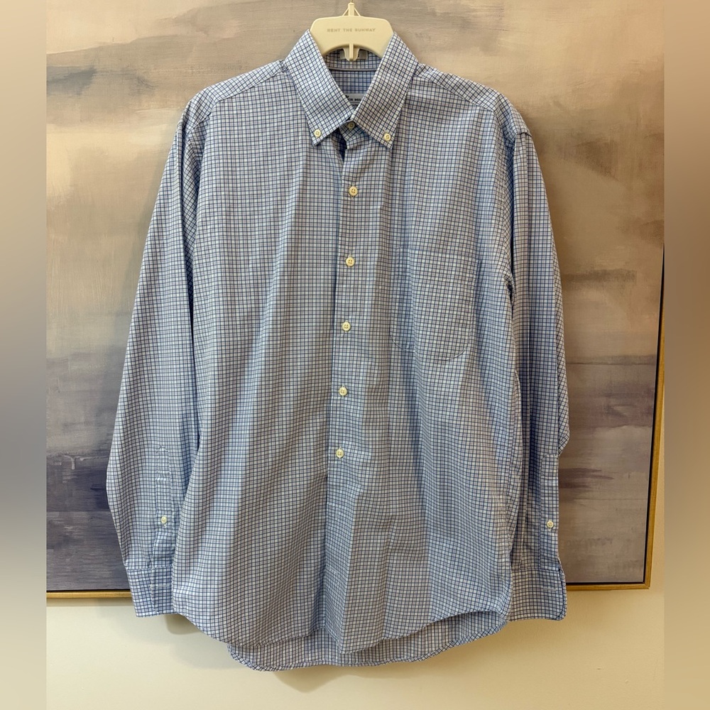 Peter Millar Blue and Purple Gingham Men's Crown Finish Cotton Button Down Shirt